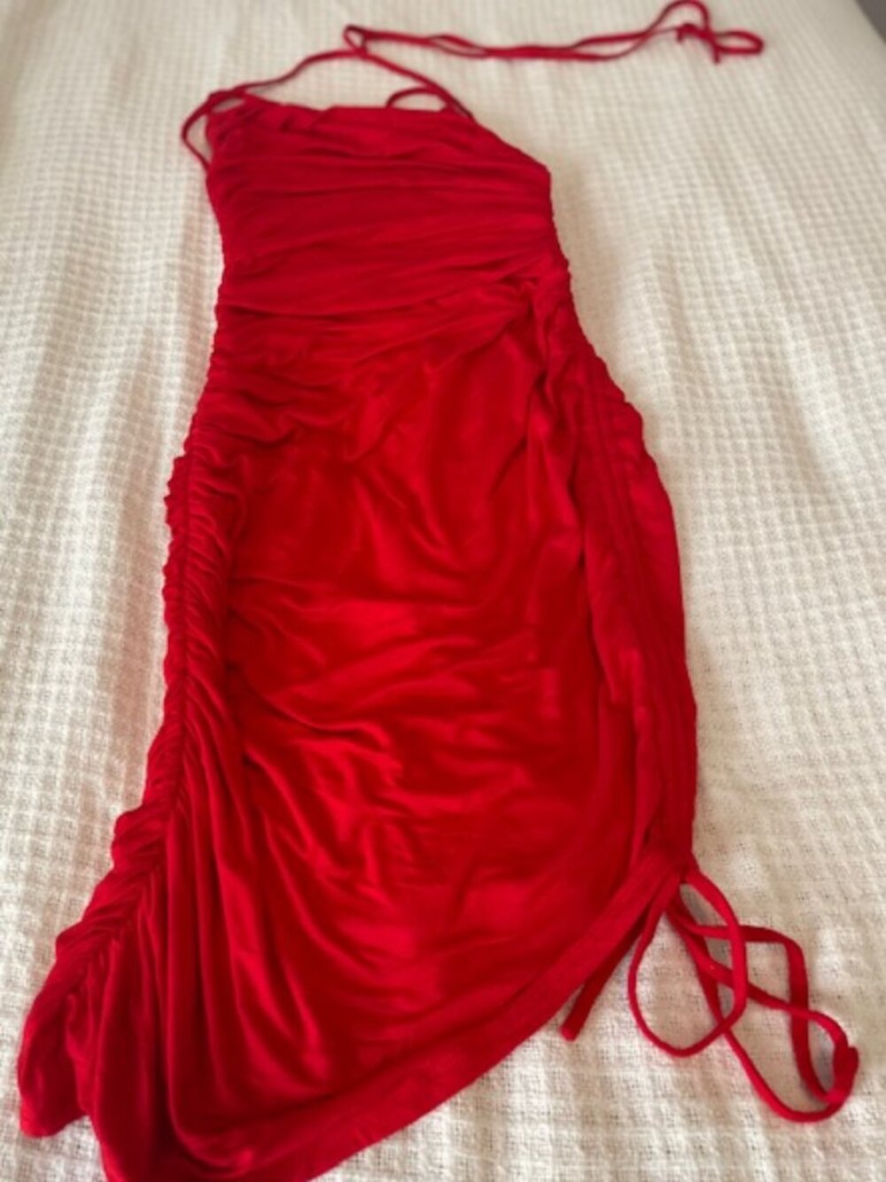 Majorelle Bodycon Strappy Red Dress Ruched side XS